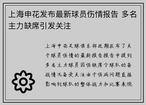 上海申花发布最新球员伤情报告 多名主力缺席引发关注