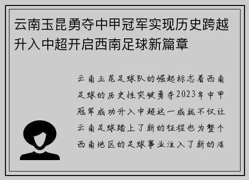 云南玉昆勇夺中甲冠军实现历史跨越升入中超开启西南足球新篇章