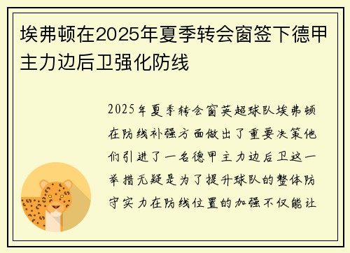 埃弗顿在2025年夏季转会窗签下德甲主力边后卫强化防线