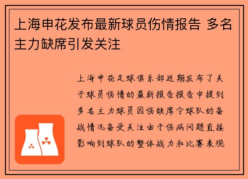 上海申花发布最新球员伤情报告 多名主力缺席引发关注