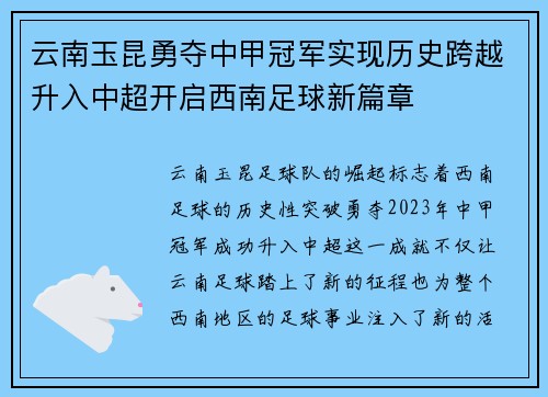 云南玉昆勇夺中甲冠军实现历史跨越升入中超开启西南足球新篇章