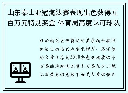 山东泰山亚冠淘汰赛表现出色获得五百万元特别奖金 体育局高度认可球队努力